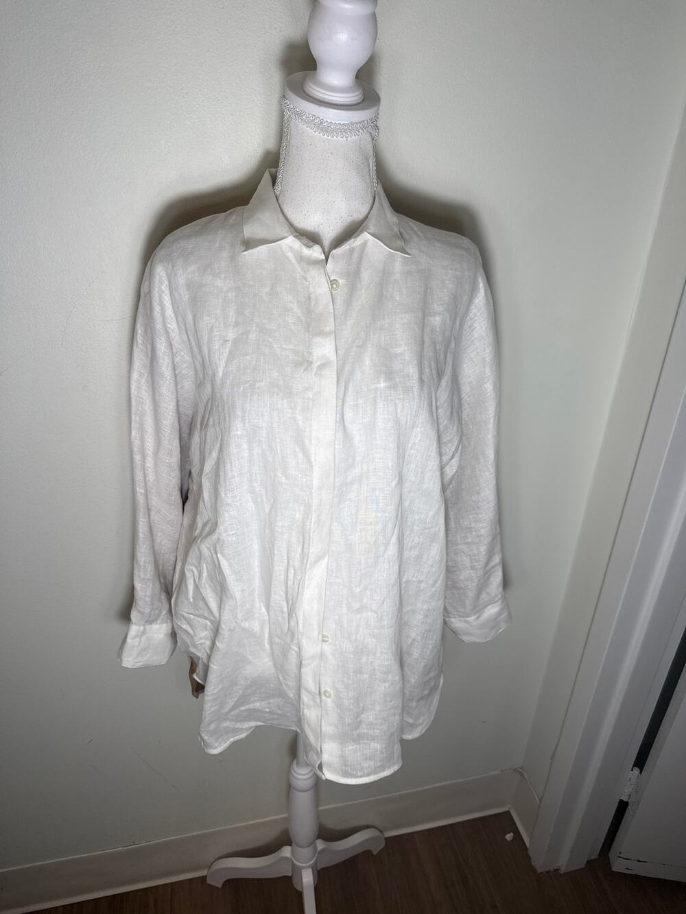 Vilagallo Off White Brown Long Sleeve Linen Button Up Long Sleeve Shirt Sz 44